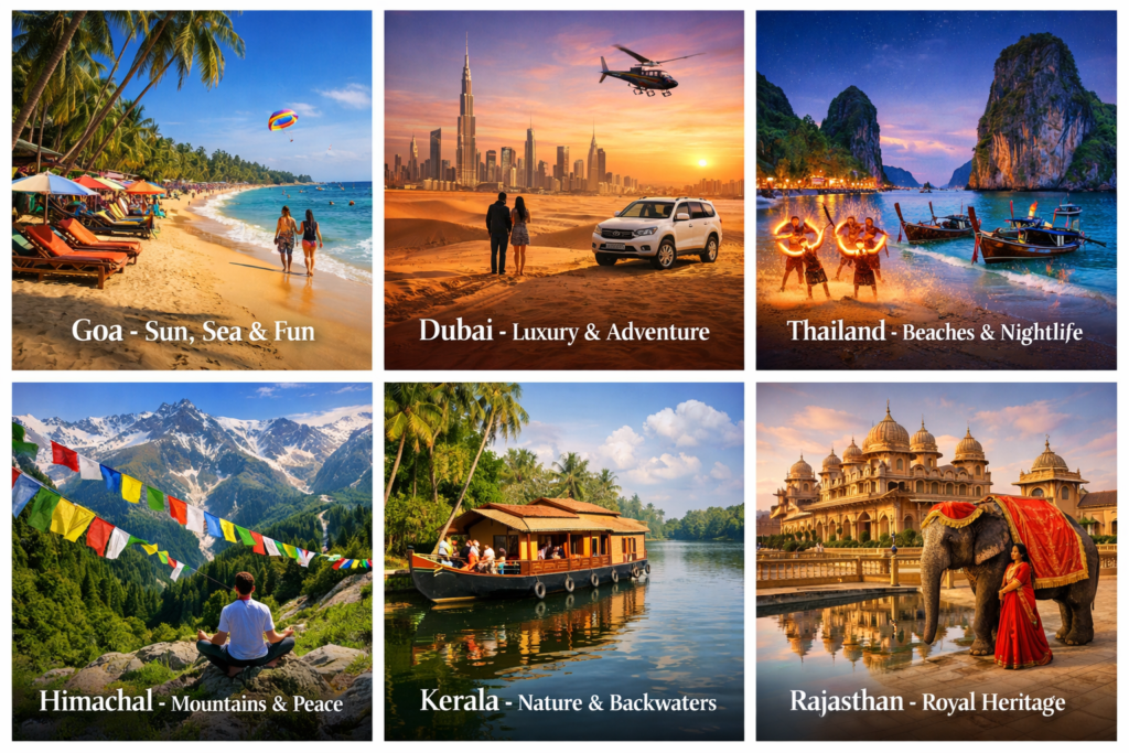 “Goa, Dubai, Thailand, Himachal, Kerala and Rajasthan tour packages collage.”